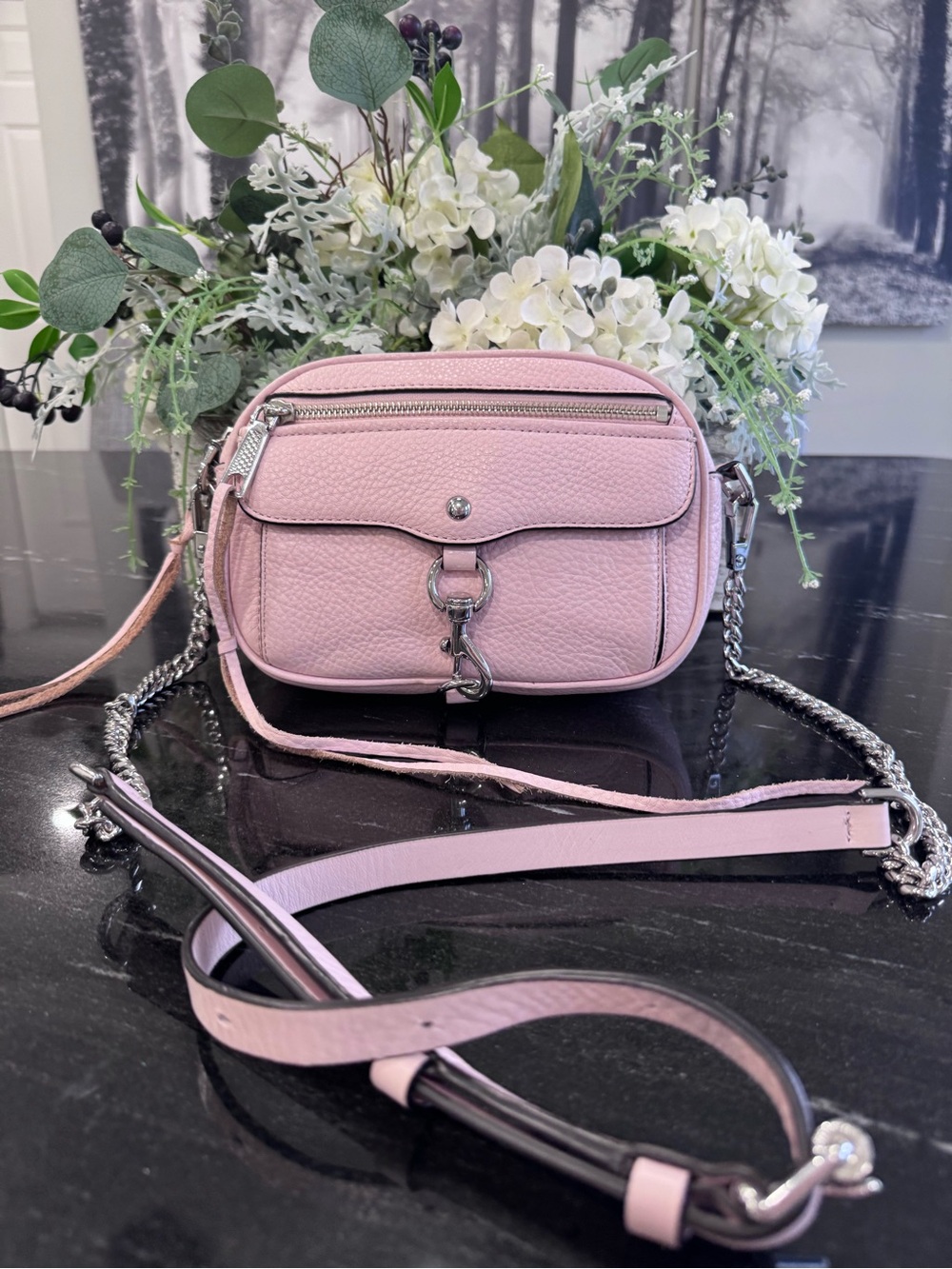 🌸Rebecca Minkoff Mini MAC Blush Pink Pebbled Leather Crossbody Bag Silver - Picture 4 of 14